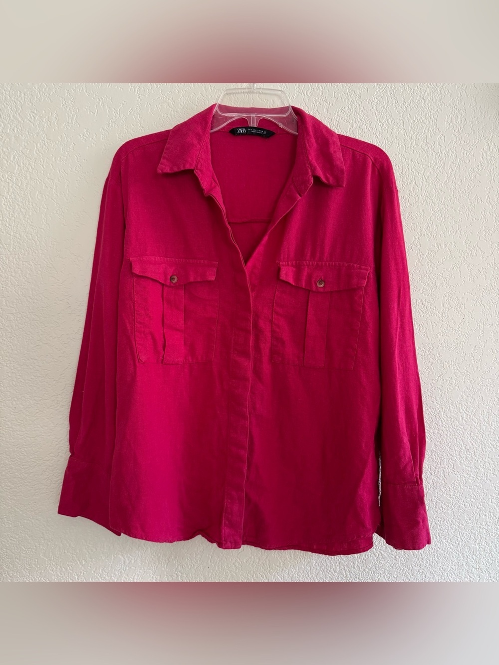 Zara Hot Pink Fuchsia Shirt Button Up Linen Blend Coastal Classic Preppy S